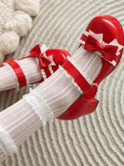 Sweet Lolita Footwear White Bows Ruffles Round Toe PU Leather Lolita Pumps