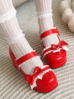 Sweet Lolita Footwear White Bows Ruffles Round Toe PU Leather Lolita Pumps
