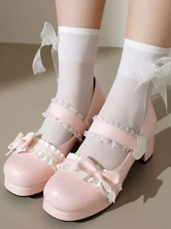 Sweet Lolita Footwear White Bows Ruffles Round Toe PU Leather Lolita Pumps