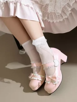 Sweet Lolita Footwear White Bows Ruffles Round Toe PU Leather Lolita Pumps