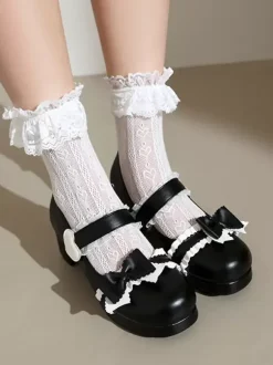 Sweet Lolita Footwear White Bows Ruffles Round Toe PU Leather Lolita Pumps