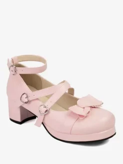 Sweet Lolita Footwear White Bows Round Toe PU Leather Lolita Pumps