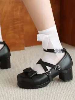 Sweet Lolita Footwear White Bows Round Toe PU Leather Lolita Pumps