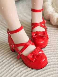 Sweet Lolita Footwear White Bows Round Toe PU Leather Lolita Pumps