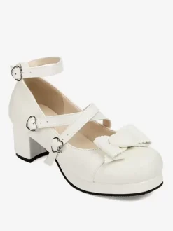 Sweet Lolita Footwear White Bows Round Toe PU Leather Lolita Pumps