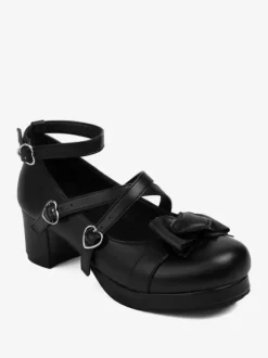 Sweet Lolita Footwear White Bows Round Toe PU Leather Lolita Pumps
