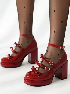 Sweet Lolita Footwear White Bows Round Toe PU Leather Lolita Shoes