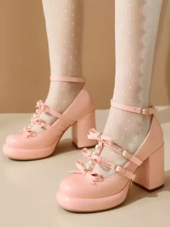 Sweet Lolita Footwear White Bows Round Toe PU Leather Lolita Shoes