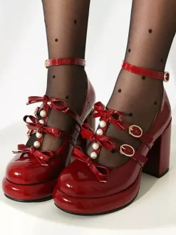 Sweet Lolita Footwear White Bows Round Toe PU Leather Lolita Shoes