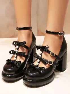 Sweet Lolita Footwear White Bows Round Toe PU Leather Lolita Shoes