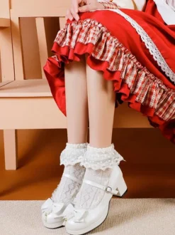 Sweet Lolita Footwear White Bows PU Leather Chunky Heel Lolita Pumps