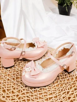 Sweet Lolita Footwear White Bows PU Leather Chunky Heel Lolita Pumps