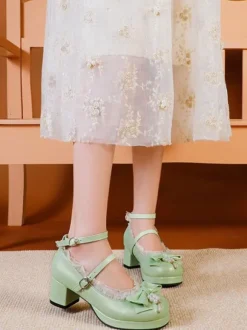 Sweet Lolita Footwear White Bows PU Leather Chunky Heel Lolita Pumps