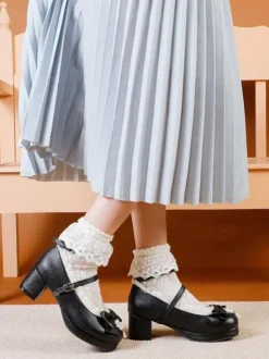 Sweet Lolita Footwear White Bows PU Leather Chunky Heel Lolita Pumps