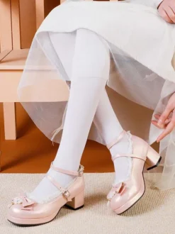 Sweet Lolita Footwear White Bows PU Leather Chunky Heel Lolita Pumps