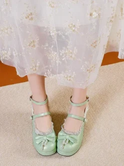 Sweet Lolita Footwear White Bows PU Leather Chunky Heel Lolita Pumps