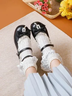 Sweet Lolita Footwear White Bows PU Leather Chunky Heel Lolita Pumps