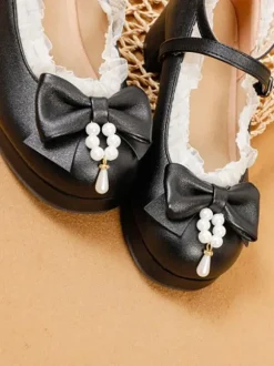 Sweet Lolita Footwear White Bows PU Leather Chunky Heel Lolita Pumps