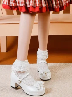 Sweet Lolita Footwear White Bows PU Leather Chunky Heel Lolita Pumps