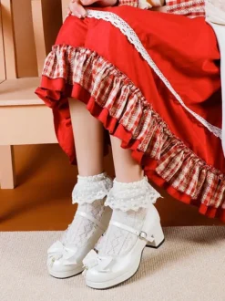 Sweet Lolita Footwear White Bows PU Leather Chunky Heel Lolita Pumps