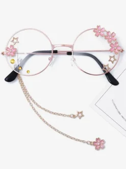 Sweet Lolita Glasses Pink Chains Flowers Stars Round Frame Sunglasses