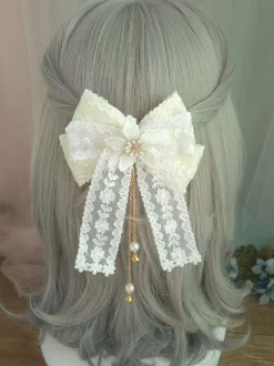 Sweet Lolita Hair Clasp Lace Bow Pearl Embroidered Ecru White Lolita Hair Accessory