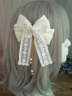Sweet Lolita Hair Clasp Lace Bow Pearl Embroidered Ecru White Lolita Hair Accessory
