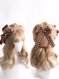 Sweet Lolita Hat Bows Accessory Color Block Polka Dot Polyester Burgundy Lolita Accessories