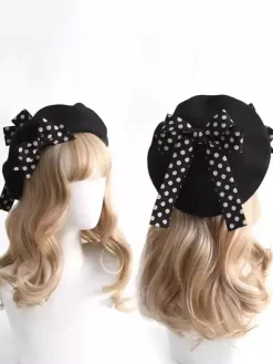 Sweet Lolita Hat Bows Accessory Color Block Polka Dot Polyester Burgundy Lolita Accessories