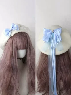 Sweet Lolita Hat Light Sky Blue Bows Ruffles Accessory Color Block Polyester Lolita Accessories