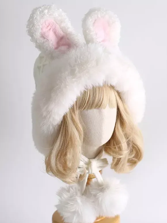 Sweet Lolita Hat White Rabbit Ears Pom Poms Plush Warm Lolita Accessories