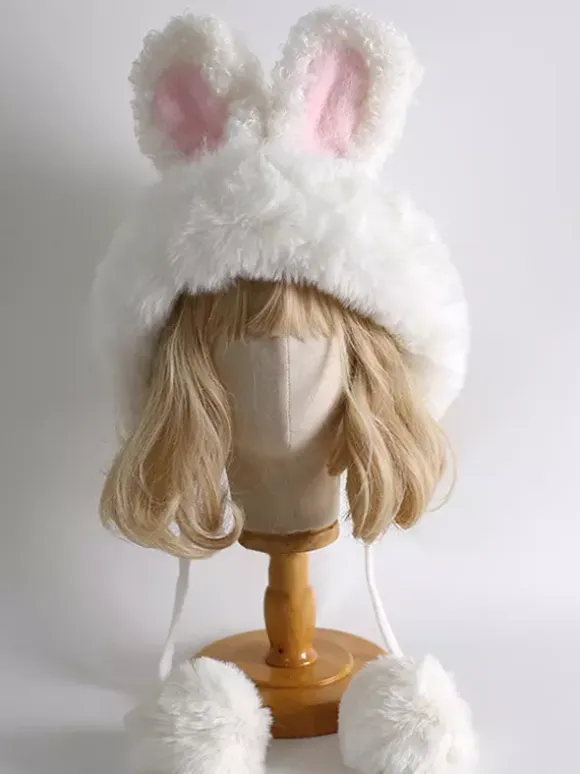 Sweet Lolita Hat White Rabbit Ears Pom Poms Plush Warm Lolita Accessories