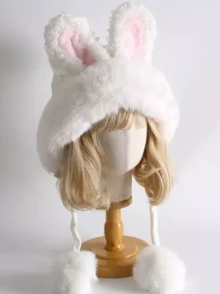 Sweet Lolita Hat White Rabbit Ears Pom Poms Plush Warm Lolita Accessories