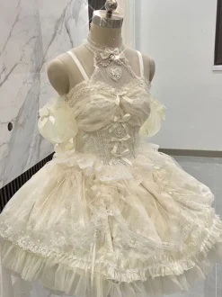 Sweet Lolita JSK Dress Ecru White Short Sleeves Pearls Lace Lolita Jumper Skirts Wedding Dress