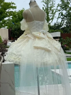 Sweet Lolita JSK Dress Ecru White Short Sleeves Pearls Lace Lolita Jumper Skirts Wedding Dress