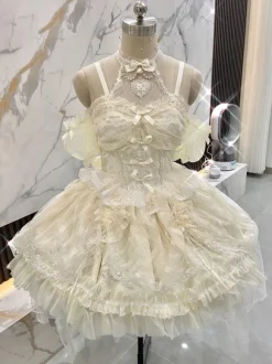Sweet Lolita JSK Dress Ecru White Short Sleeves Pearls Lace Lolita Jumper Skirts Wedding Dress
