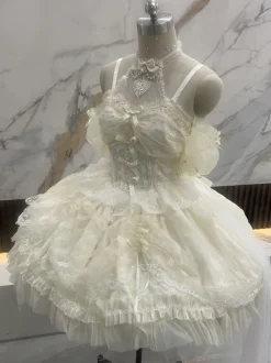 Sweet Lolita JSK Dress Ecru White Short Sleeves Pearls Lace Lolita Jumper Skirts Wedding Dress