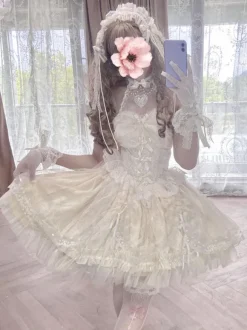 Sweet Lolita JSK Dress Ecru White Short Sleeves Pearls Lace Lolita Jumper Skirts Wedding Dress