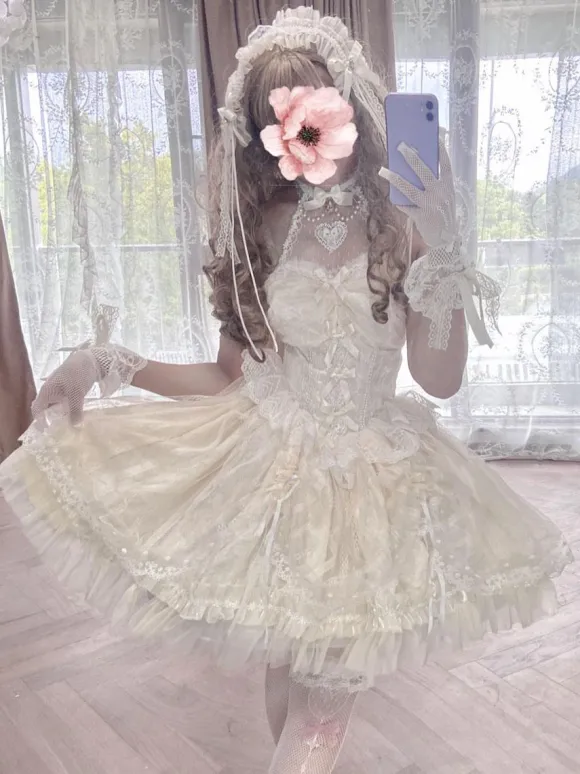 Sweet Lolita JSK Dress Ecru White Short Sleeves Pearls Lace Lolita Jumper Skirts Wedding Dress