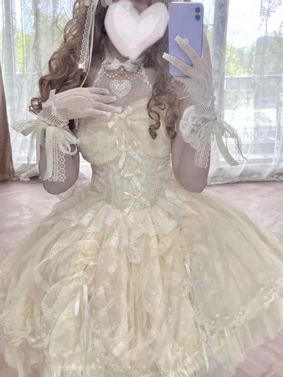 Sweet Lolita JSK Dress Ecru White Short Sleeves Pearls Lace Lolita Jumper Skirts Wedding Dress