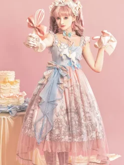 Sweet Lolita JSK Dress Kawaii Princess Tiered Ruffled Sundress In Pink Cute Casual Lolita