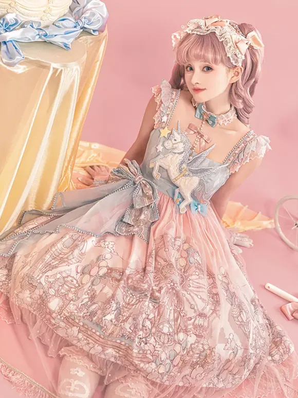 Sweet Lolita JSK Dress Kawaii Princess Tiered Ruffled Sundress In Pink Cute Casual Lolita
