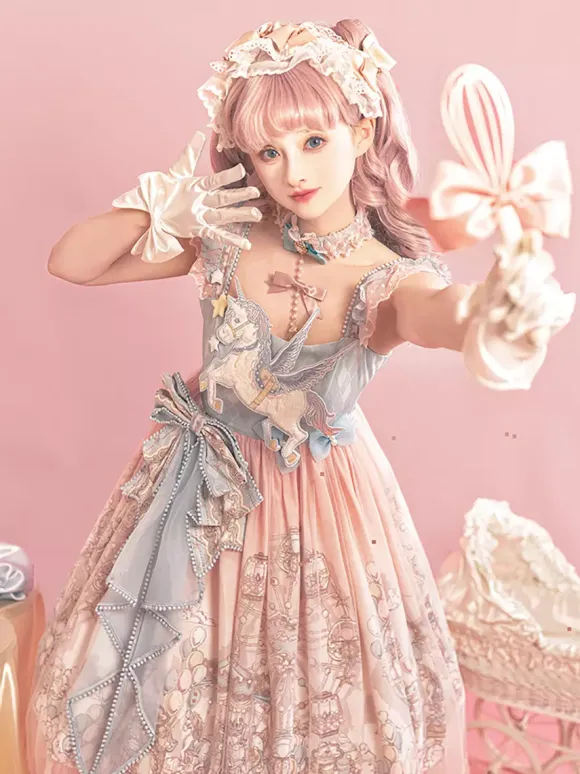 Sweet Lolita JSK Dress Kawaii Princess Tiered Ruffled Sundress In Pink Cute Casual Lolita