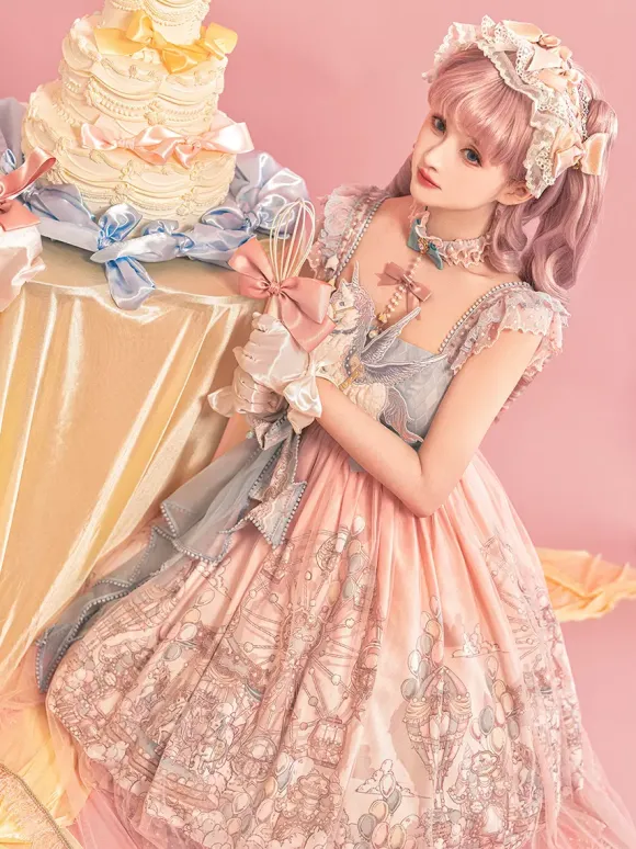 Sweet Lolita JSK Dress Kawaii Princess Tiered Ruffled Sundress In Pink Cute Casual Lolita