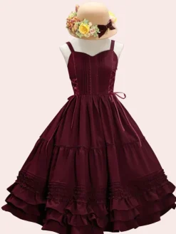 Sweet Lolita JSK Dress Lace Up Ruffle Cotton Lolita Jumper Skirts