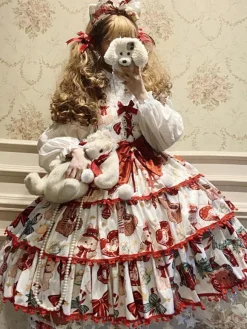 Sweet Lolita JSK Dress Polyester Sleeveless Bows Lace Up Red Sweet Lolita Jumper Skirt