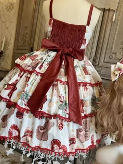 Sweet Lolita JSK Dress Polyester Sleeveless Bows Lace Up Red Sweet Lolita Jumper Skirt
