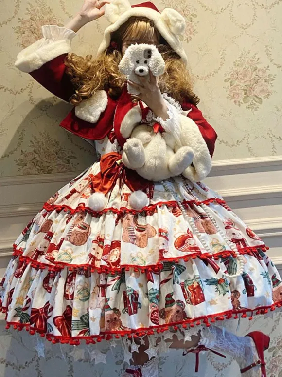 Sweet Lolita JSK Dress Polyester Sleeveless Bows Lace Up Red Sweet Lolita Jumper Skirt