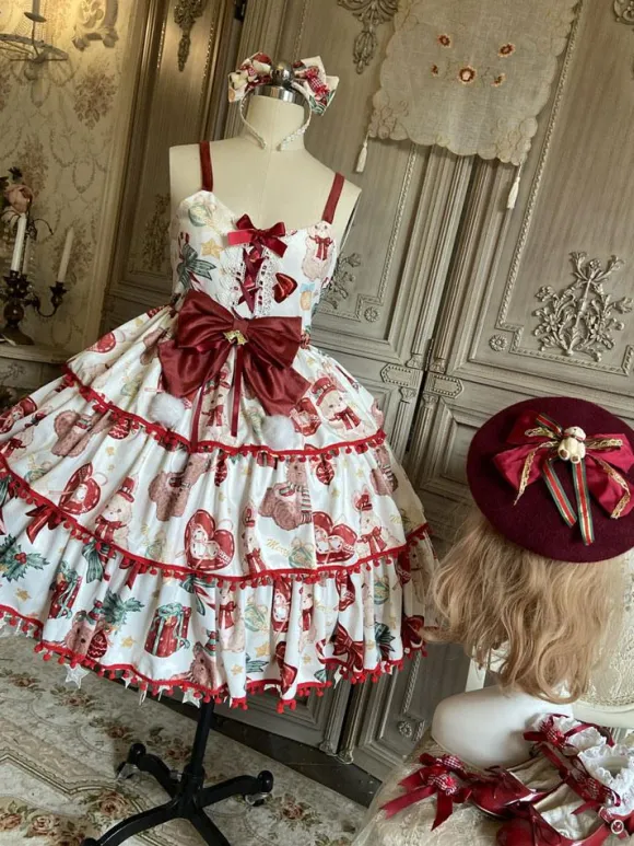 Sweet Lolita JSK Dress Polyester Sleeveless Bows Lace Up Red Sweet Lolita Jumper Skirt
