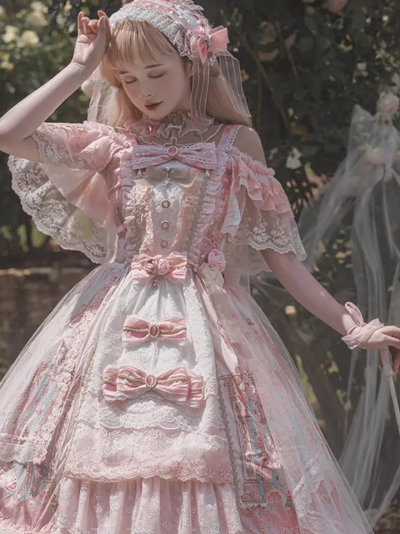 sweet Lolita Lolita Dresses Costumes Sweet Lolita Dress Polyester Sleeveless Bows Jumper Lolita Wedding Dress bride Lolita Dress Pink Tea Party